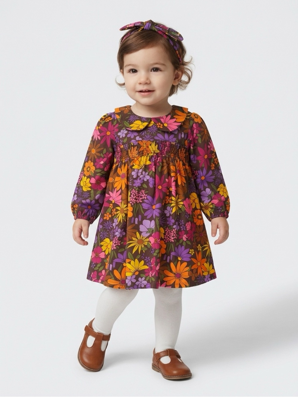 Next Baby Retro Floral Long Sleeve Smocked Dress & Headband Set